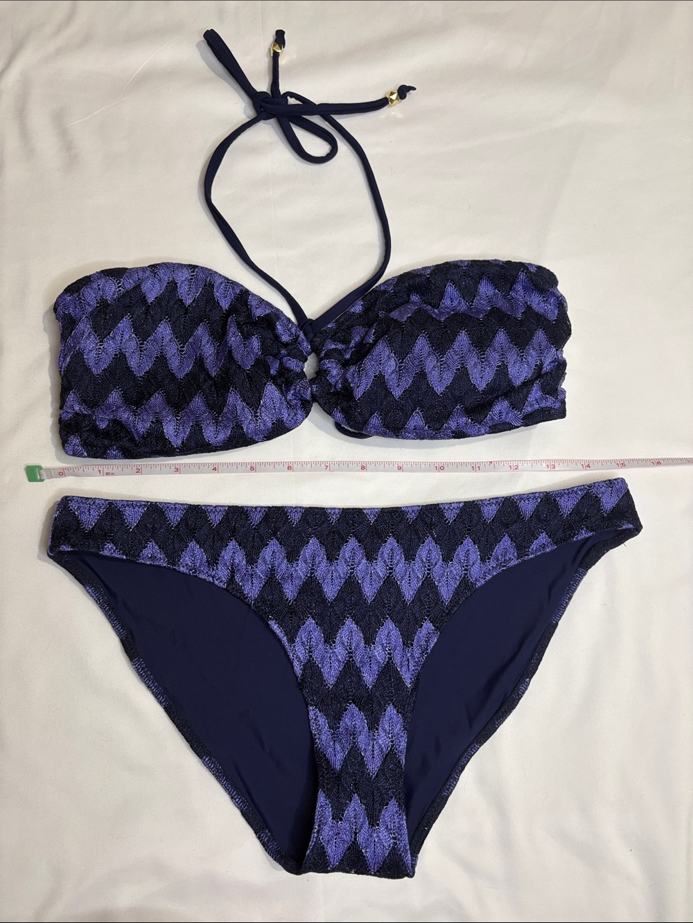 H&M Navy & Indigo Chevron Shimmer Stripe Metallic Gold Bead Bandeau Bikini Set